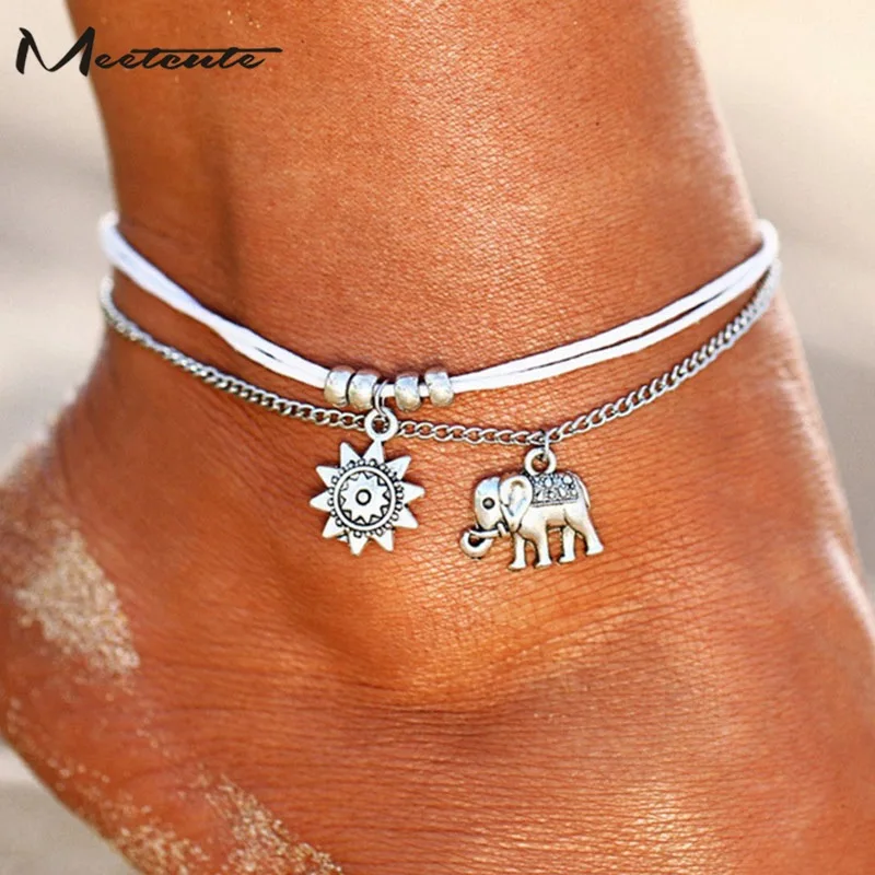 Meetcute винтажные Многослойные браслеты для ног женщин подвеска в виде слона солнца