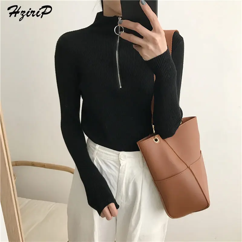 HziriP 2018 Autumn Stylish Women High Quality Knitted Turtleneck Pullover Sweet Sexy All-Match Slim Elastic Black Sweater Simple | Женская