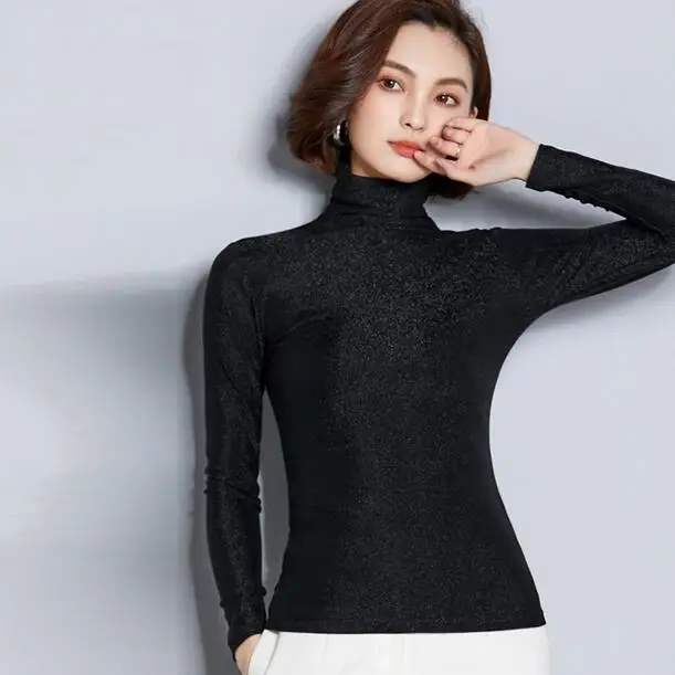

Silver gold Vintage silk shirt long sleeve Turtleneck t-shirt women stretch slim tops autumn winter skinny tshirt tight DF858