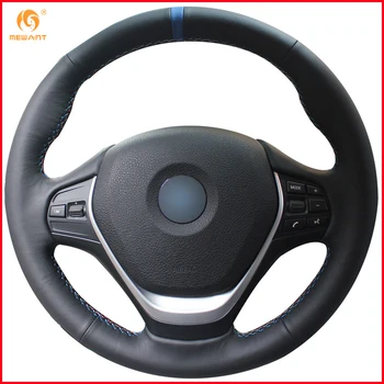 

MEWANT Black Genuine Leather Blue Marker Car Steering Wheel Cover for BMW F20 2012-2018 F45 2014-2018 F30 F31 F34 2013-2017