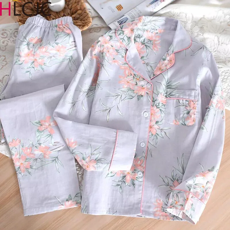 

Spring Women Gauze Cotton Long Sleeve Pajamas Comfort Home Clothing Sweet Thin Turn-down Collar Printing Femme Sleepwear Pijamas