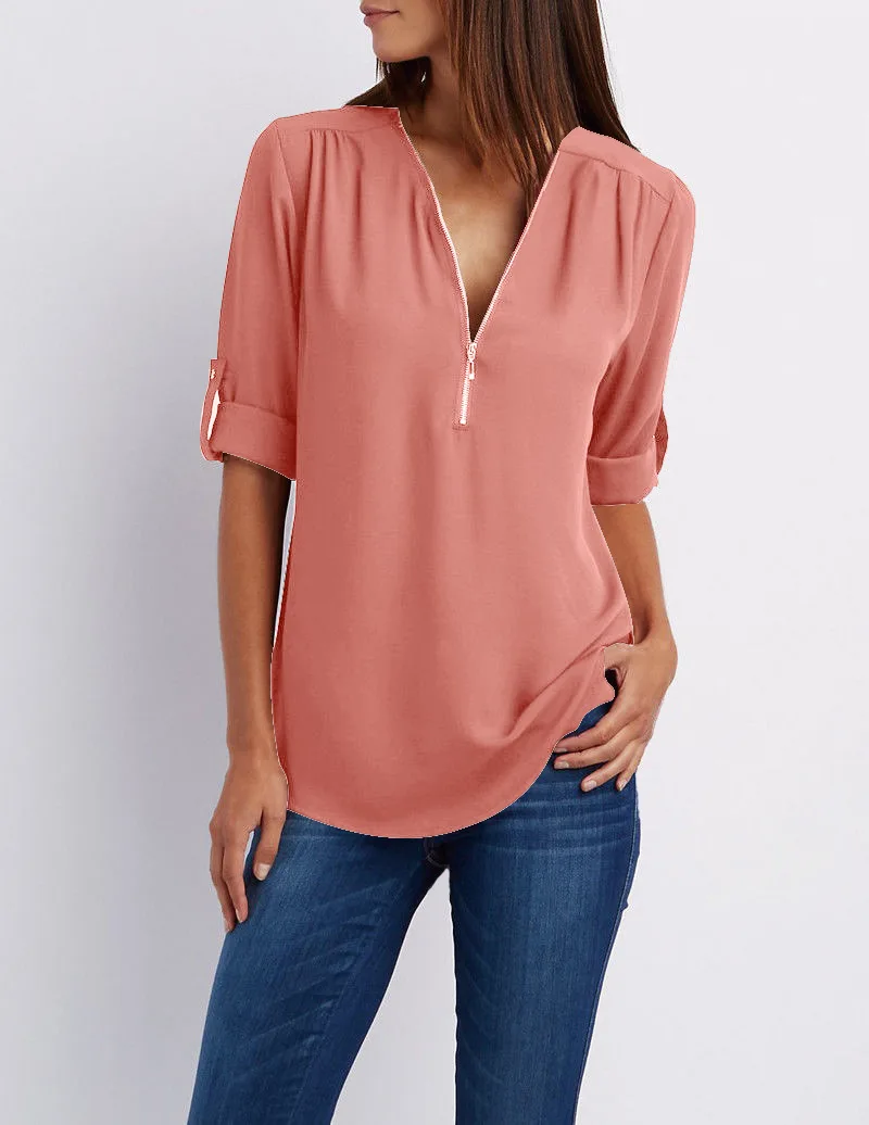 Хит, женская шифоновая рубашка, модная, с v-образным вырезом, на молнии, розовая, белая, блузка, 13 цветов, для женщин, рабочая одежда, топы, 4XL 5XL, Blusas NS9003