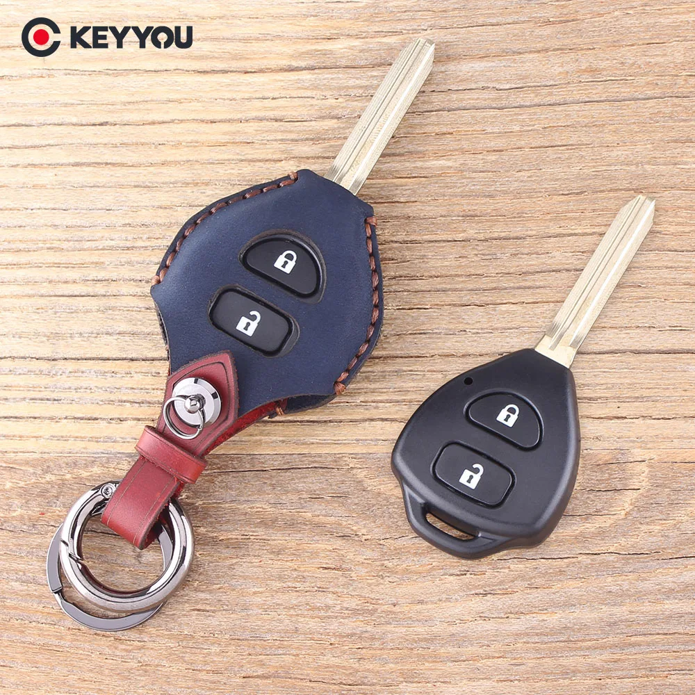 KEYYOU 2 Button Remote Fob Leather Car Key Case For TOYOTA Rav4 Corolla