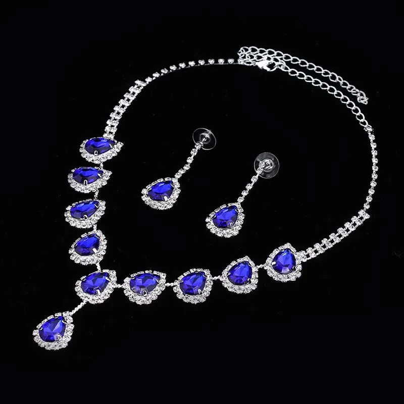 TREAZY Royal Blue Crystal Bridal Jewelry Sets Silver Plated Rhinestone Necklace Earrings Set for Women Prom Wedding Jewelry Sets