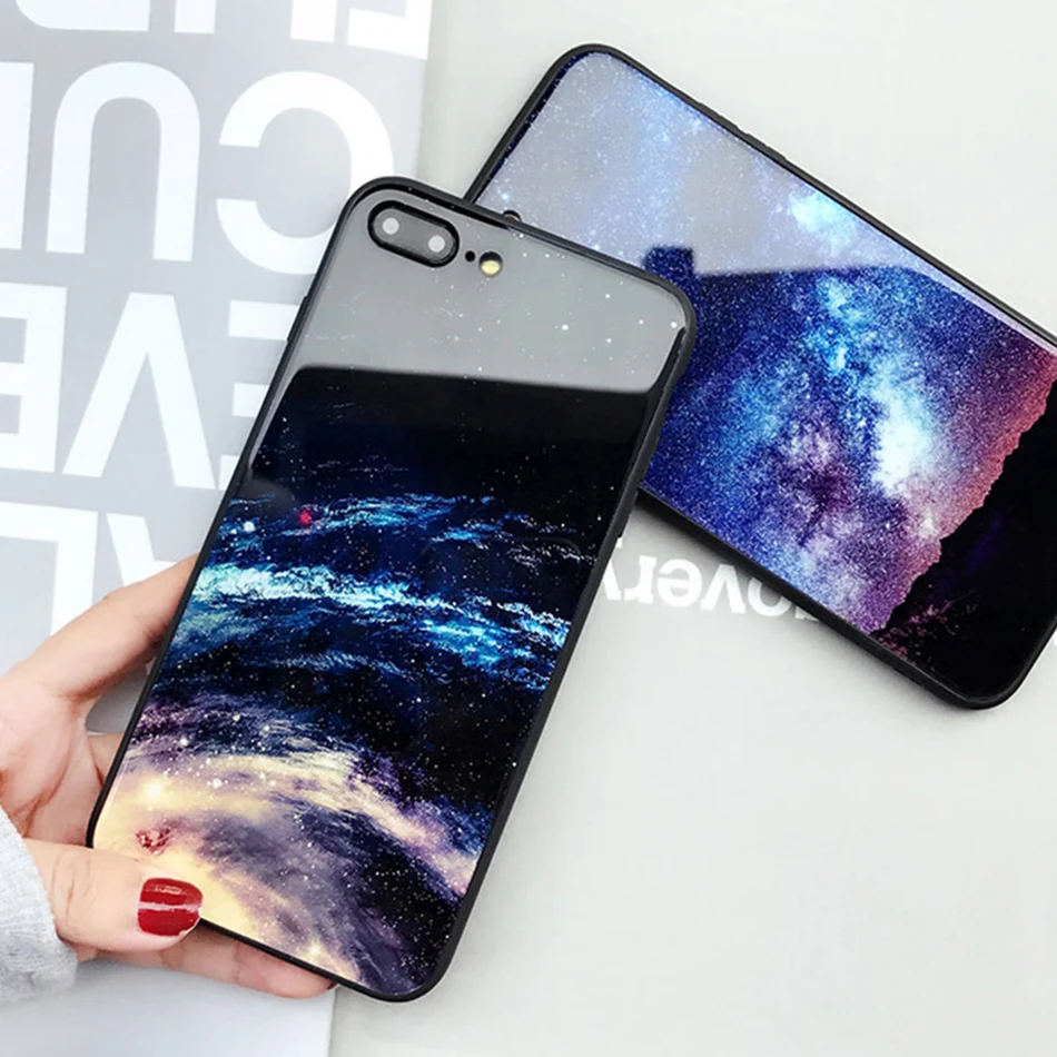 TOMKAS Temper Glass Case For iPhone X 8 7 6 6s Plus Cover Phone Cases For iPhone X 8 7 6 s Case Silicone TPU PC Star Sky Pattern (21)
