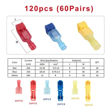 

60/120PCS Wire Cable Connectors Terminals Crimp Scotch Lock T Tap Quick Splice Electrical Car Audio 22-10AWG 0.5mm-6mm Kit