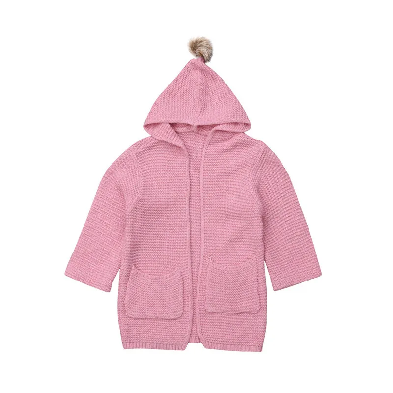 Теплый свитер для маленьких девочек; пальто с капюшоном; Верхняя одежда для малышей; осенне-зимняя длинная куртка-кардиган; одежда - Цвет: Розовый
