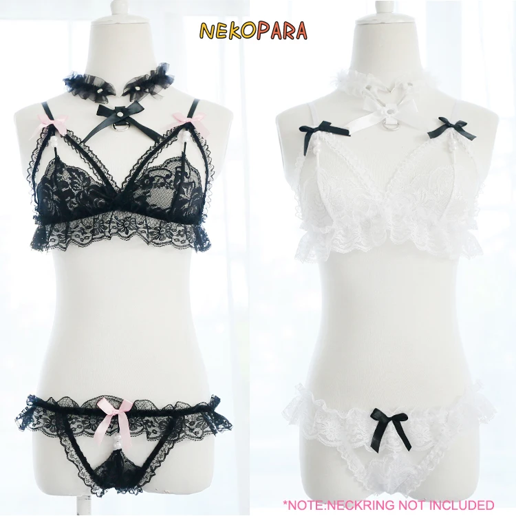 

Sexy Women's Lingerie 2PCS Set Bra & Panties Set Transparent Lace Bikini Pearl Bows Cute Exotic Apparel Black & White