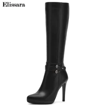 Elissara/женские зимние сапоги; женские сапоги до колена на высоком каблуке; женские черные сапоги до бедра на молнии с острым носком, стразы