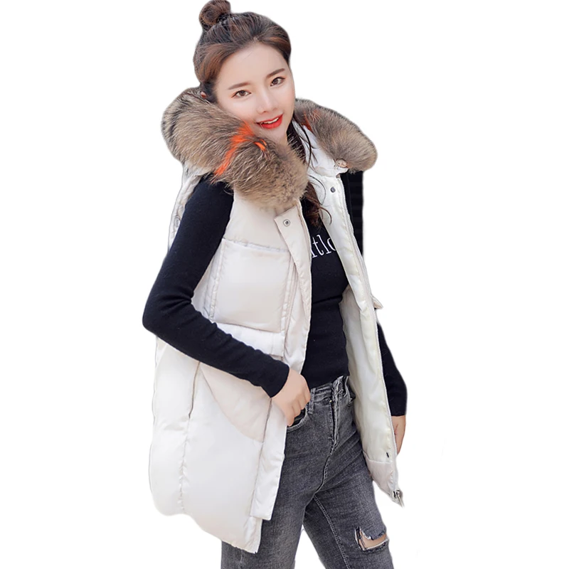 

New 2019 Winter Large Fur Hooded Vest Cotton Joker Female Thick Warm Cotton Coat Vest Women's Sleeveless Waistcoat Jacket D072