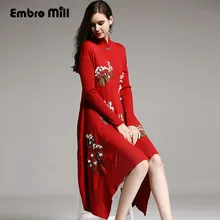 Высококачественное осенне-зимнее платье Ципао в китайском стиле, винтажное платье с вышитыми цветами и бисером, элегантное женское свободное Трикотажное вечернее платье M-XXL