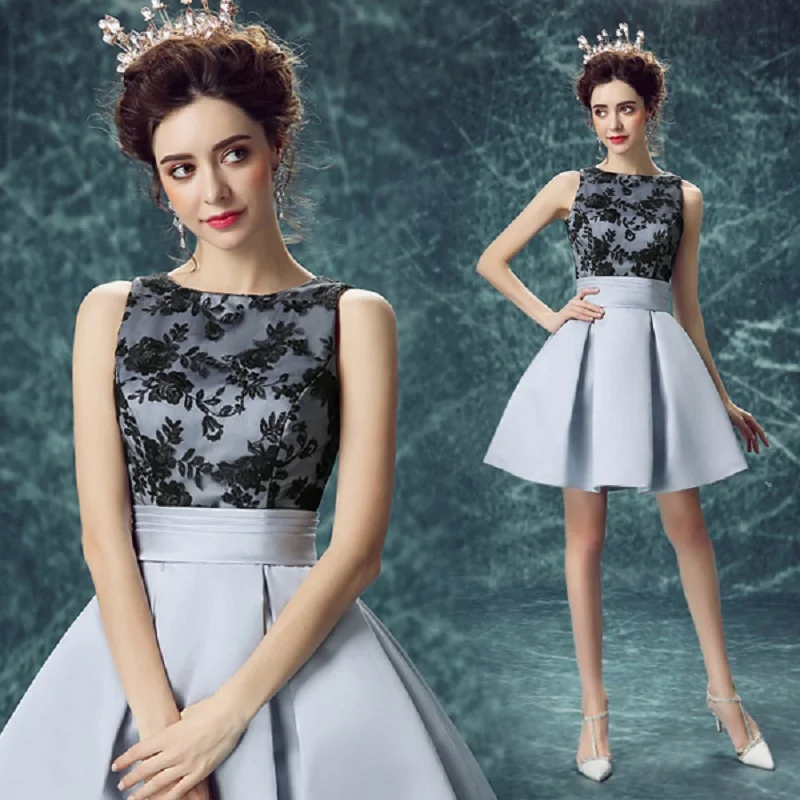 7201 2019 Nouveauté Stock Grossesse Grande Taille Robe De Mariée Gris Robe De Soirée Dentelle Satin Sexy Une Ligne Courte Sexy Gris Noir