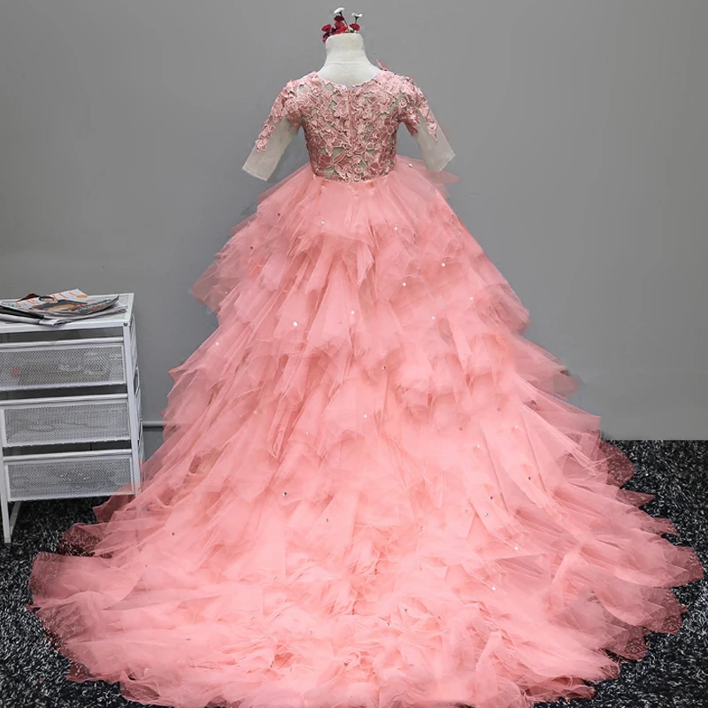 Королевское Настоящее фото, платье с цветочным узором для девочек Детские платья принцессы бальное платье со шлейфом платье для причастия для девочек, пышное платье, A59