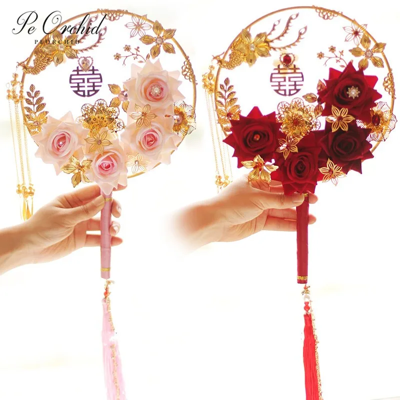 

PEORCHID Red Pink Gold Wedding Bouquets Brooches Pearl Rose Artificial Chinese Style Round Hand Fan Bridal Flower Bouquet 2019