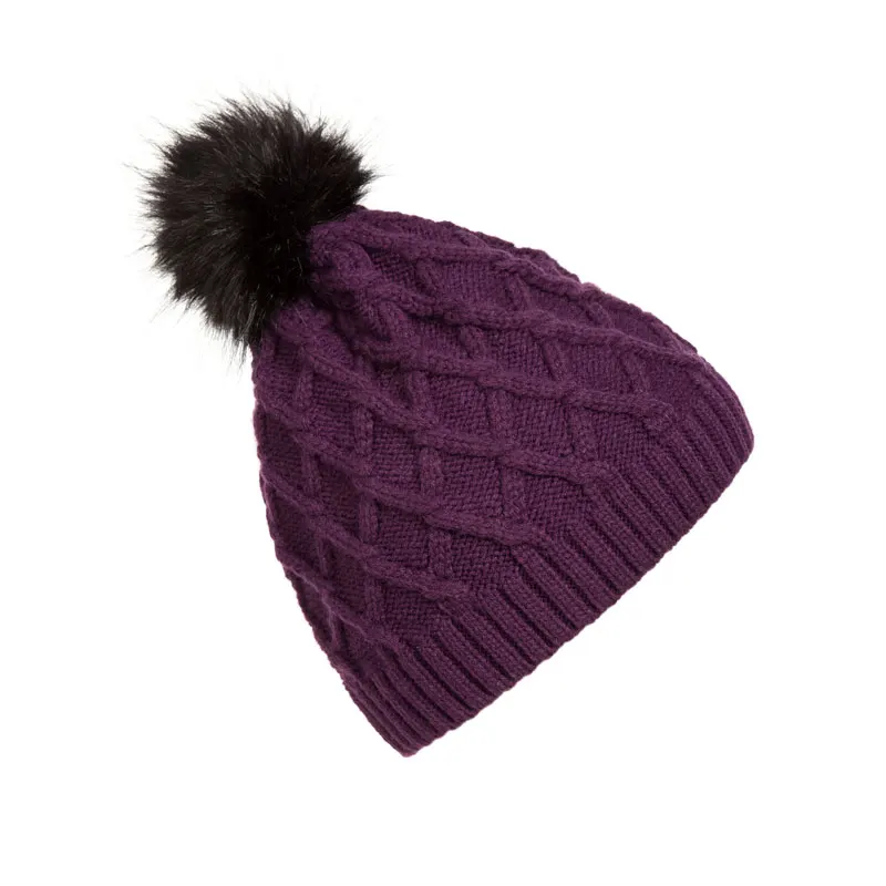 

Trendy New Design Women's Winter Toque Hats Plaid Cable Knit Beanie with Faux Fur Pom Pom Warm Skull Caps Toque Black Purple