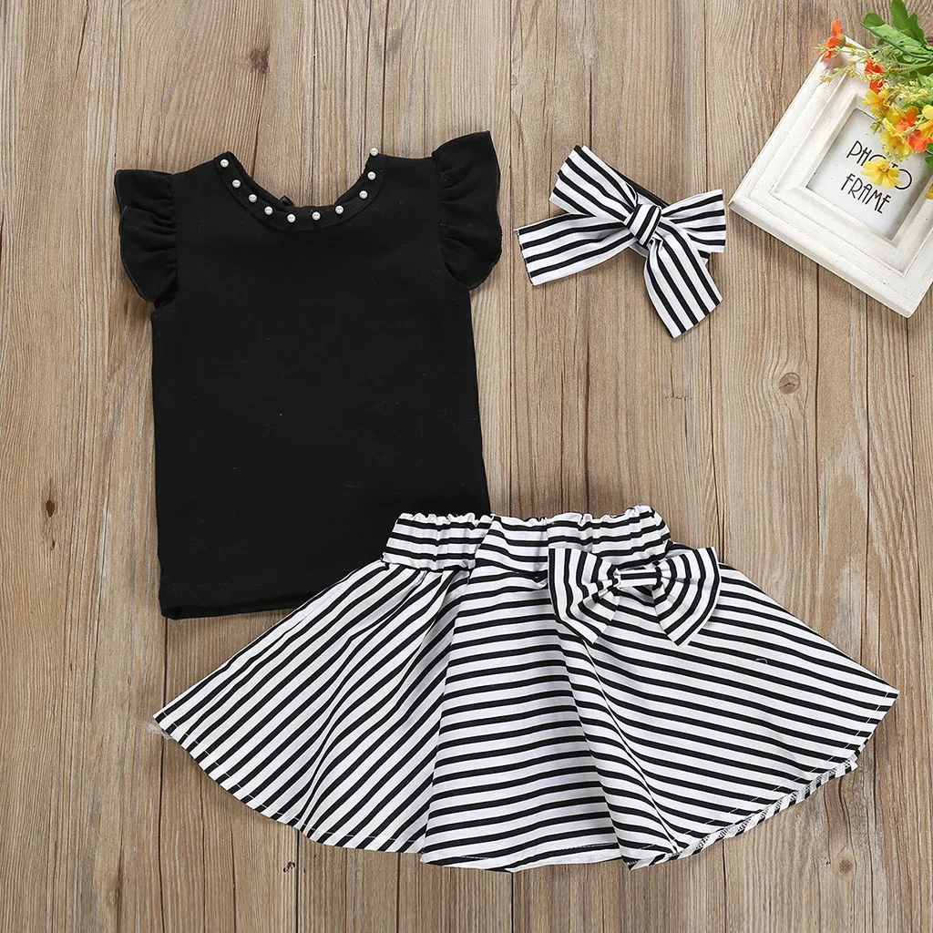 

Toddler Kids Baby Girl Outfits Clothes T-shirt+Stripe Bowknot Skirt+Headband Outfits Girls lol party Set roupas infantis menina