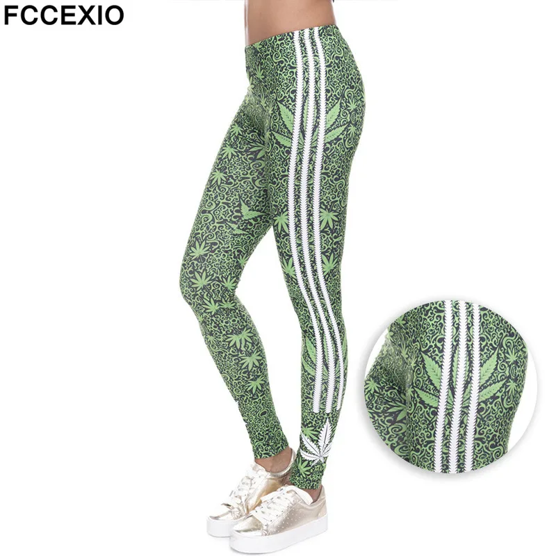 FCCEXIO Fashion Stretch Leggings Weeds White Stripes Print Fitness Legging Sexy Silm legins High Waist Trouser Women Pants