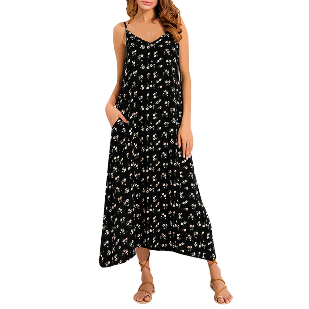 

Summer Women Strappy Long Dress V Neck Pocket Loose Max Floral Print Dress