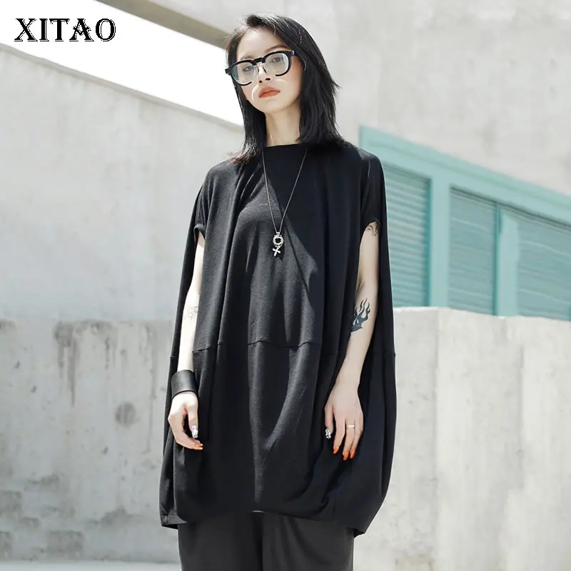

[XITAO] Pleated Women Korea Fashion 2019 Summer O-neck Short Sleeve Loose Long Solid Color Tee Female Match All T-shirt ZLL3615