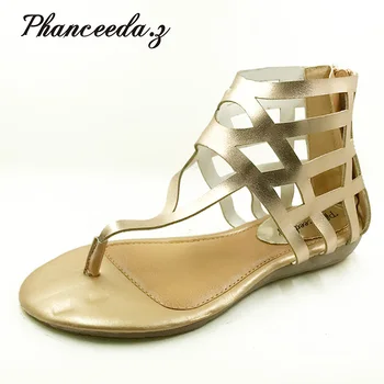 

New 2019 Fashion Cutouts Women Sandals Flip F Open Toe Low Wedges Bohemian Summer Shoes Gold Women Casual Sandals Beach