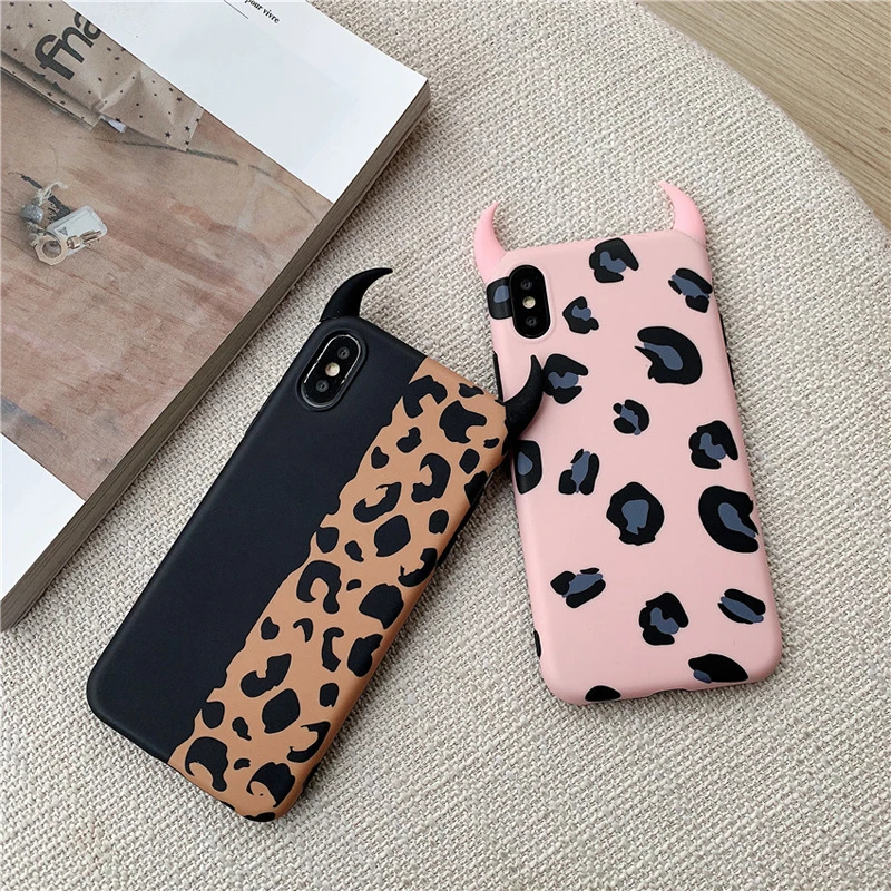 

ZUCZUG Vintage Leopard Print Case for iPhone 8 plus/6s plus/7/8/6/6s Devil Horn Cases for iPhone XS MAX XS XR Matte TPU Fashion