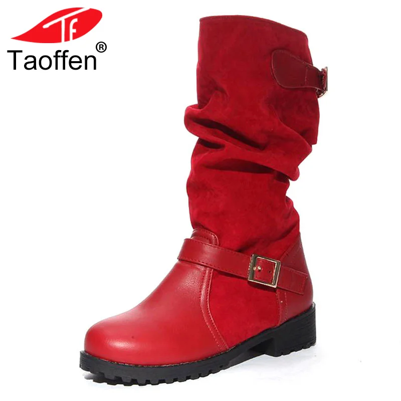 

TAOFFEN Women Flat Half Short Boots Autumn Winter Warm Mid Calf Boot Bota Buckle Round Toe Quality Footwear Shoes Size 34-43