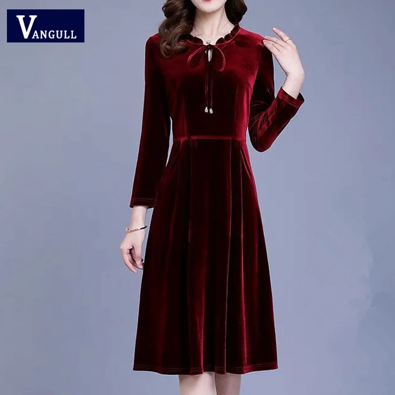 

Vangull Spring New Gold velvet Women Dress 2019 Autumn Fashion Solid Female V-Neck Long Sleeve Bow Lace-up Loose A-line Dresses