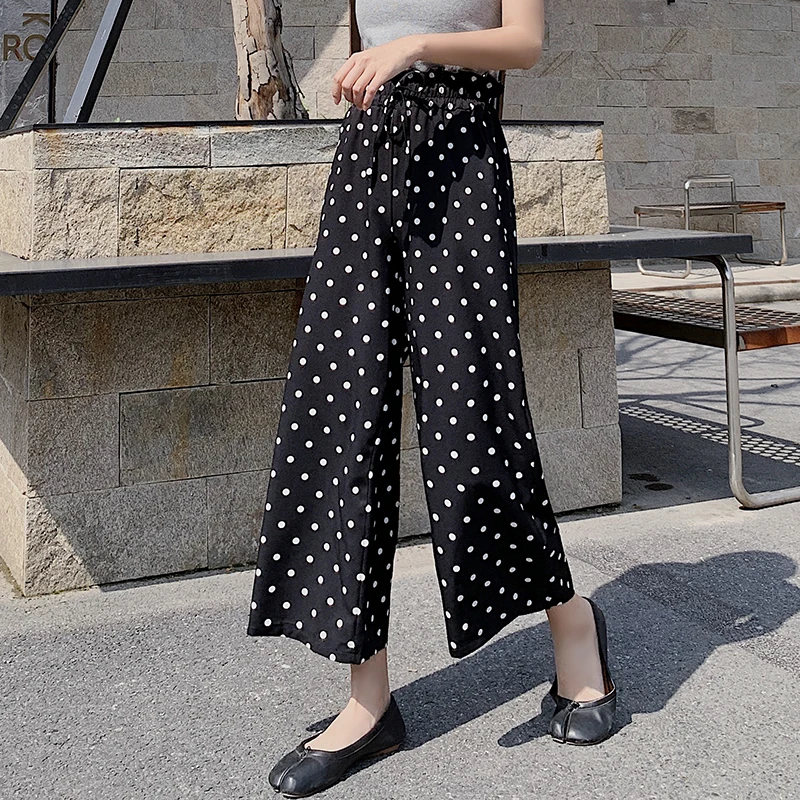 

2019 Women Chiffon Pants Summer High Waist Wide Leg Pant Female Lace Up Loose Holiday Print Dot Ankle-Length Pants Trousers