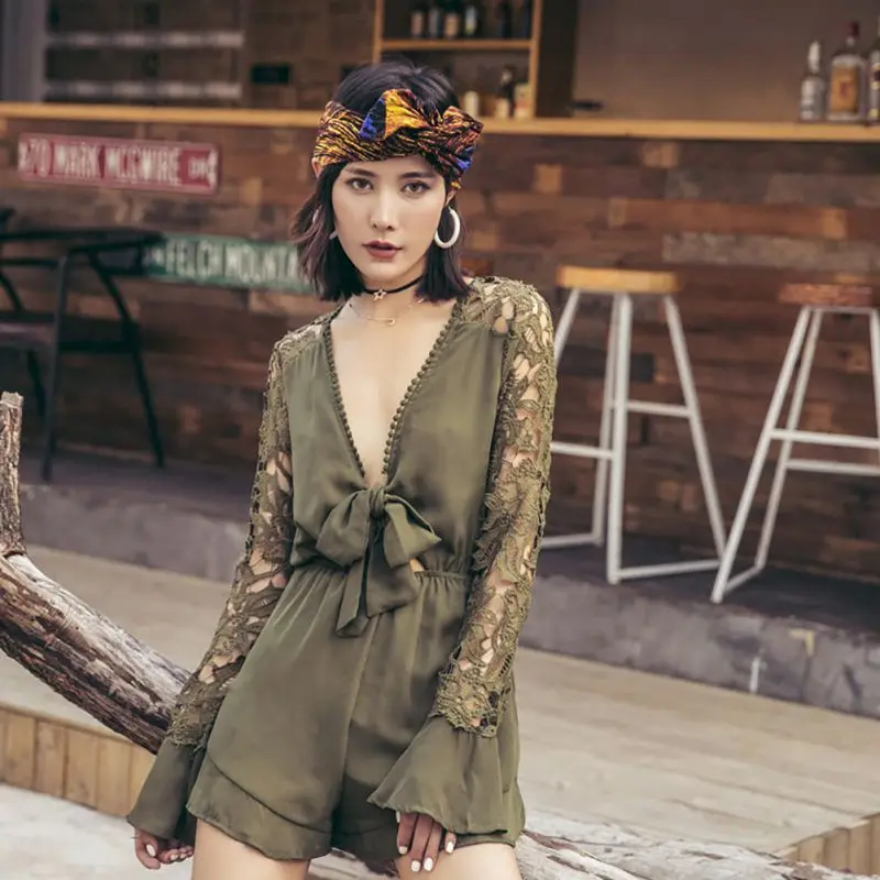 Sexy Lace Patchwork Jumpsuits Linen Hollow Out Long Sleeve Playsuits Loose Women Deep V Lace Up Bodysuits Short Jumpsuits