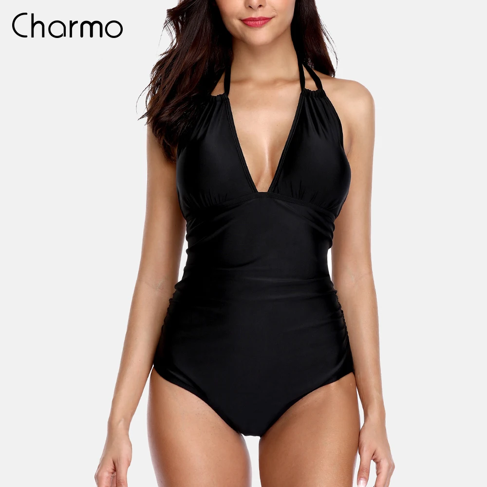 Женский сплошной купальник с высокой горловиной Charmo монокини Одноцветный