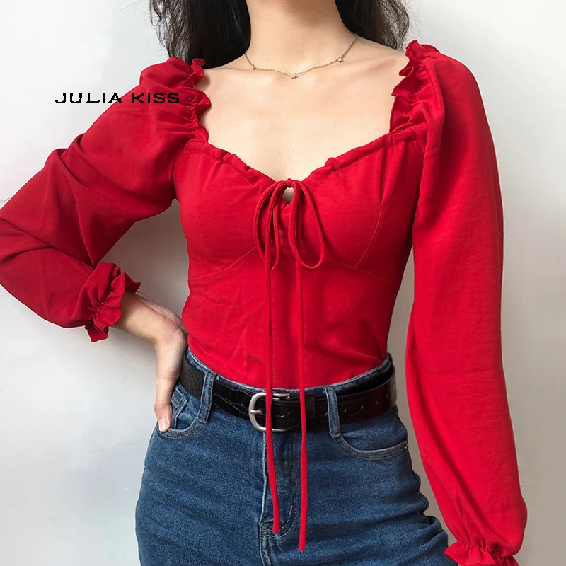 

Women Vintage Sweetheart Neck Blouse Frill Elastic Puff Sleeve Top