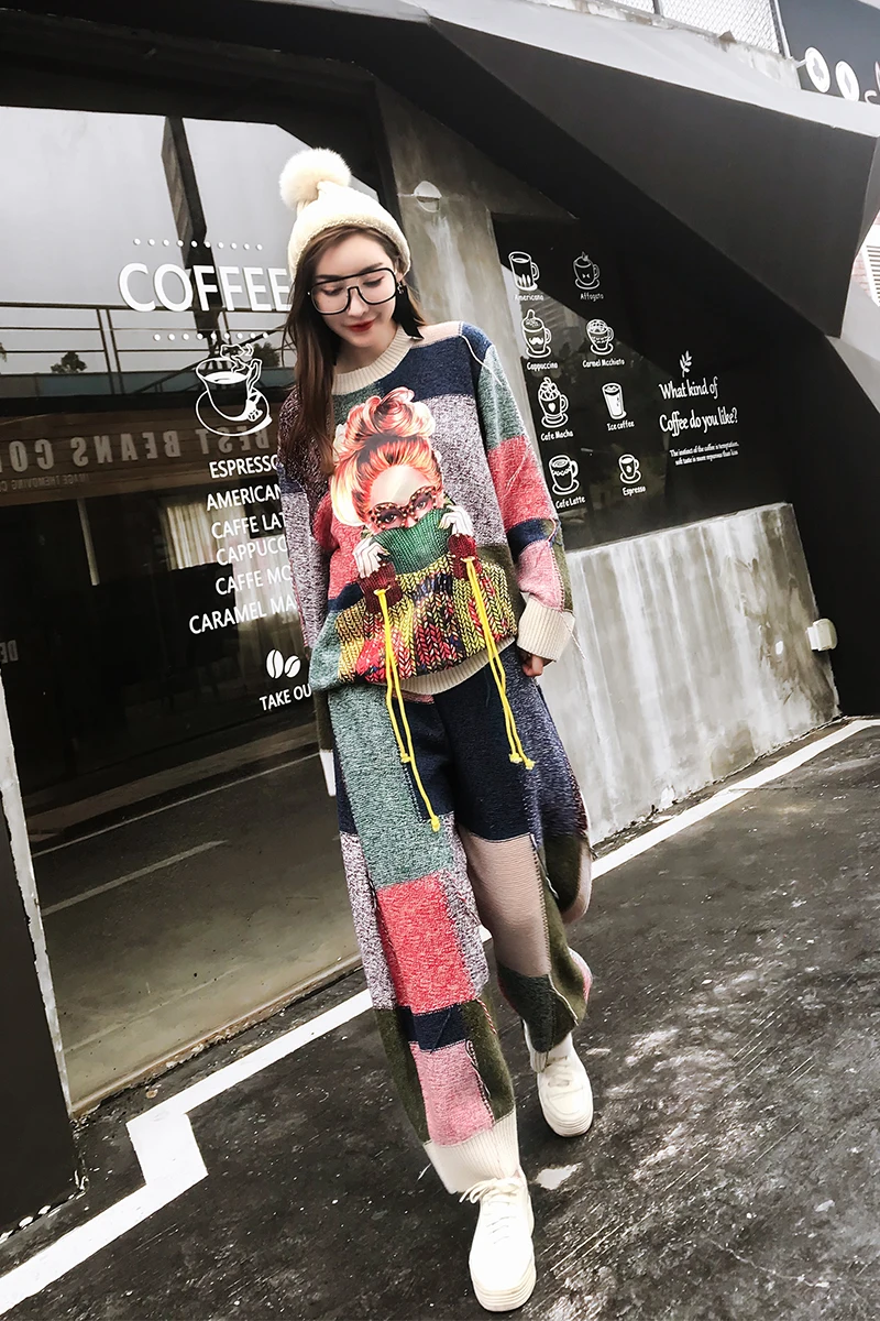 Весенне-осенний Тайский брендовый свитер в клетку с высоким воротником для девочек, женский свободный Женский комплект 2 шт