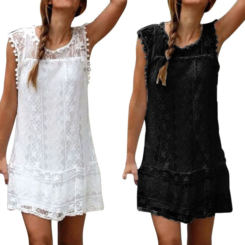 

Women Lace Mini Dress 2019 Summer Ladies Sleeveless Casual Beach Plus Size Dress Tassel Black White Party Dress vestidos 2019