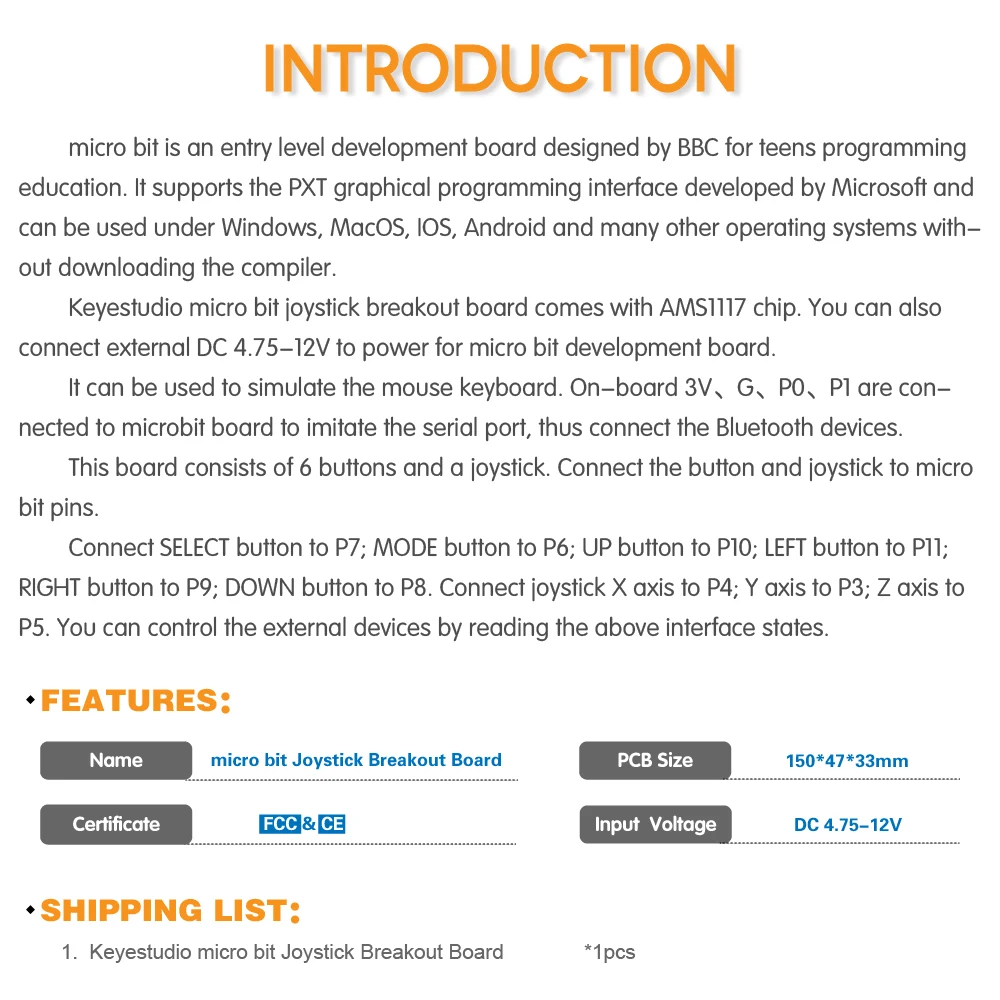 Keyestudio щит джойстика Breakout Board для BBC Micro: Bit CE/FCC