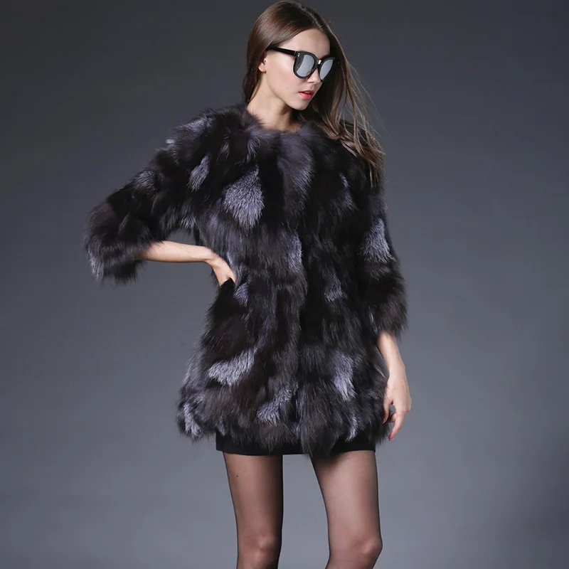 2018 Solid Thick Long Direct Selling Women Real Fur Coat New Design Genuine Fox Jacket For Fashion Sliver Slim Natural Outwear