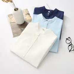 Для женщин сезон: весна–лето с длинными рукавами блузы и рубашки белого и синего цвета Женская Повседневная рубашка Tops блуза блузка