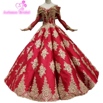 شراءالعربية الأحمر الأكمام الطويلة Vestido De Festa بلورات شرابة فستان حفلات الدانتيل يزين مساء فاخر منتفخ الكرة ثوب فساتين لحضور الحفلات الموسيقية