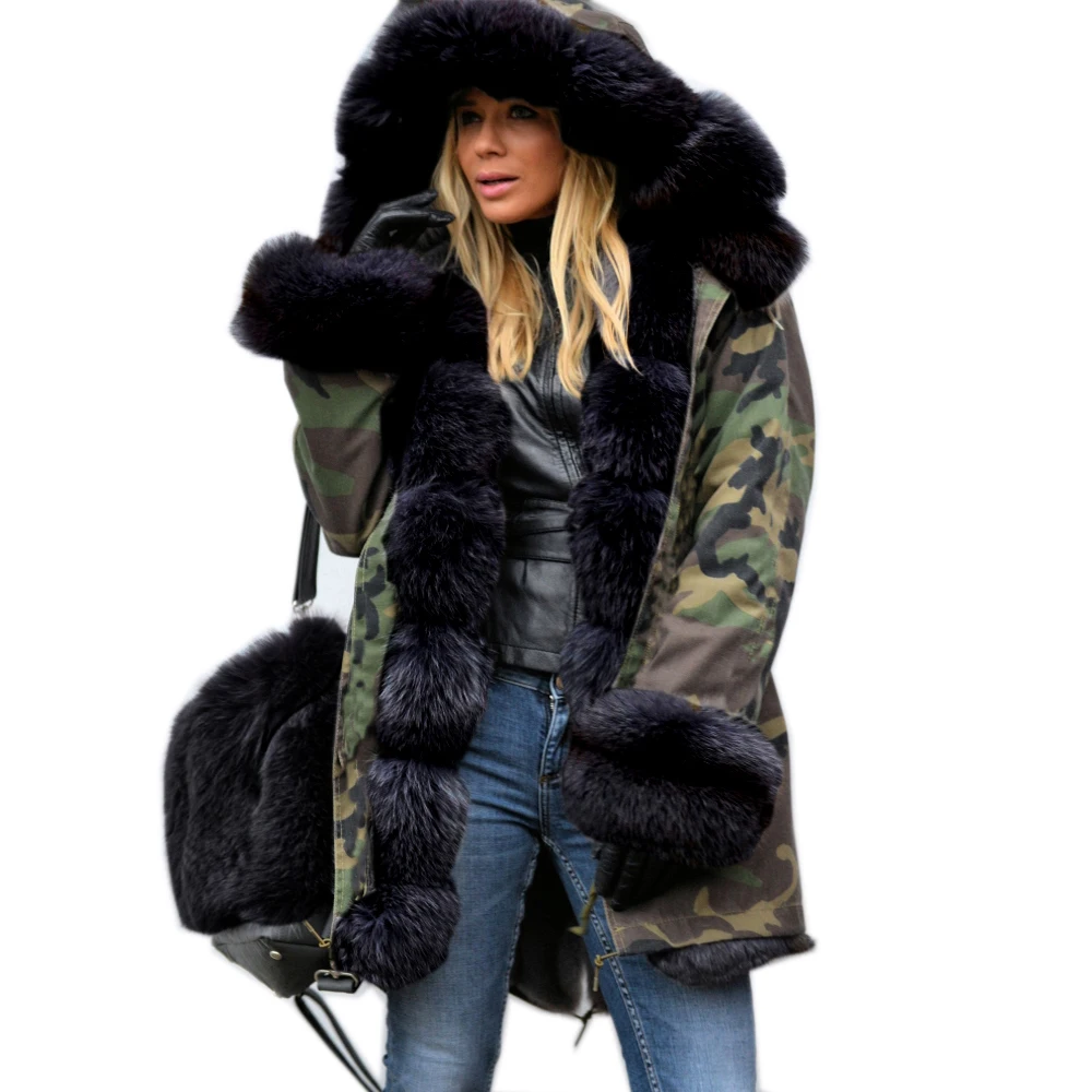 Roiii Thickened Warm Loose Camouflage Black Faux Fur Casual Parka ...