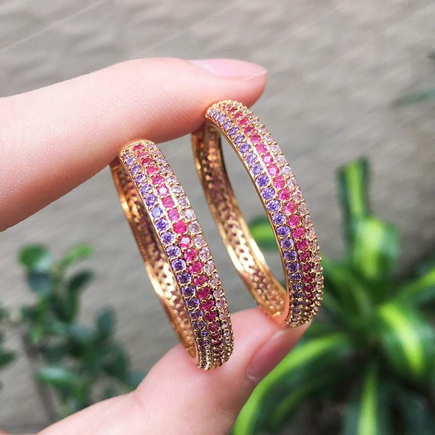 

Luxury Big Round Circle Hoop Earrings for Women Micro Pave Colorful Crystal Zircon Black Gold Filled Earring Fashion Jewelry