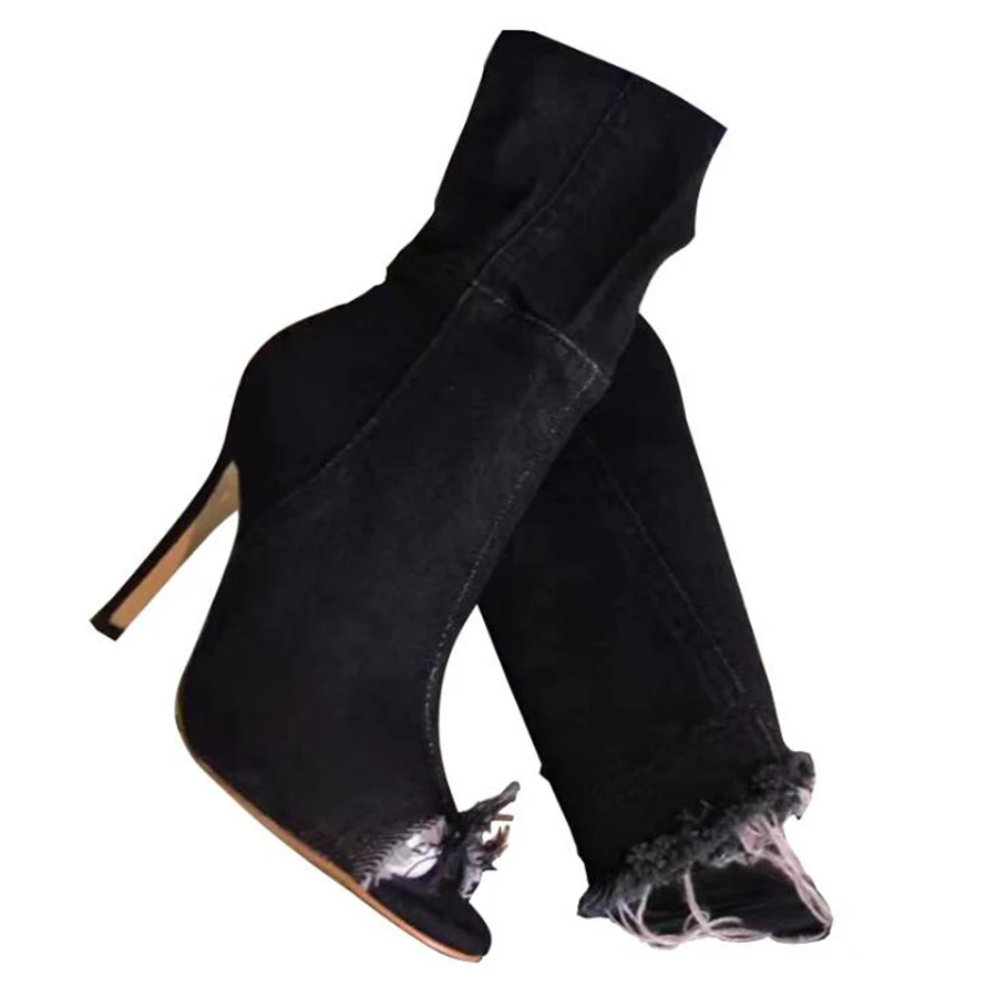 MHYONS/женские Сапоги выше колена; джинсовые сапоги на высоком каблуке; женская джинсовая обувь; женская пикантная обувь с открытым носком на молнии; zapatos mujer