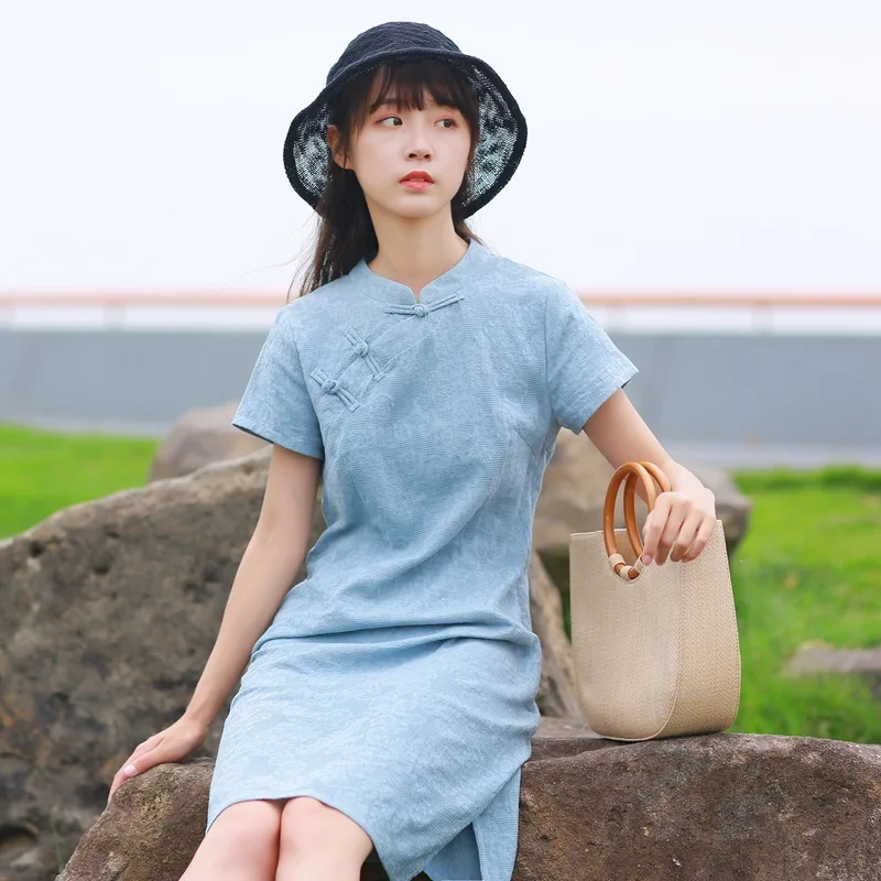 

Republican Wind Chinese Literary Retro Cotton Linen Plate Buttons Improved Cheongsam Dress Summer