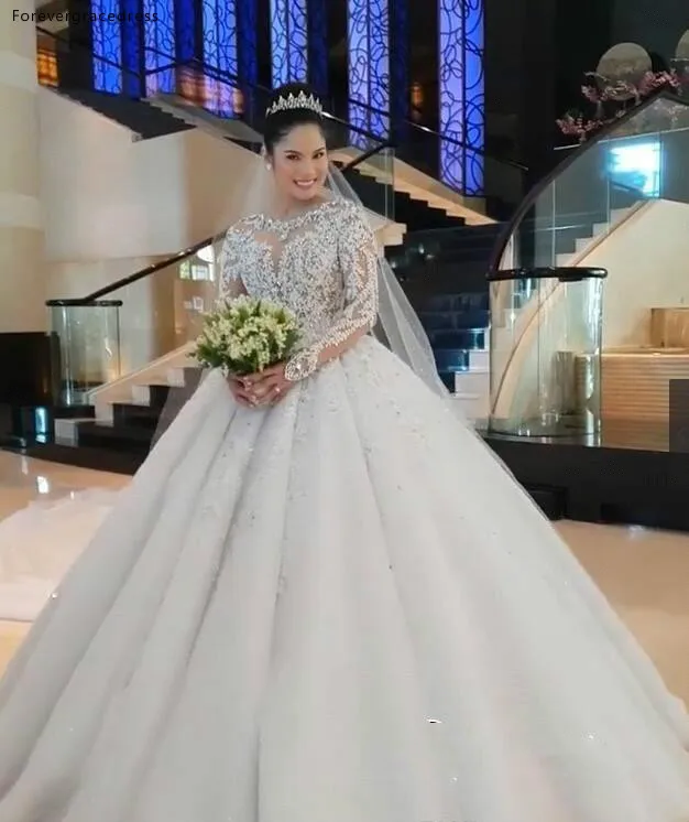 Modest Arabic Muslim Long Sleeves Wedding Dresses Puffy Ball Gowns Sheer Jewel Neck Appliques Sequins Beads Long Formal Bridal Gowns BC0895 239 (7)