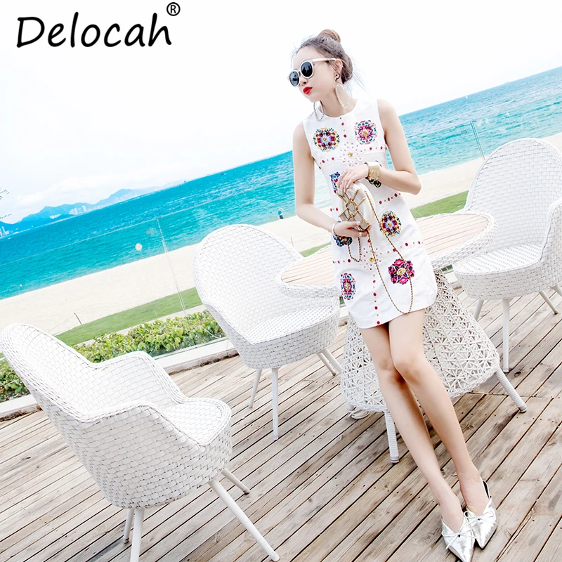 

Delocah Women Summer Sleeveless Dress Runway Fashion Designer Crystal Beading Floral Embroidery Elegant Casual Short Dresses