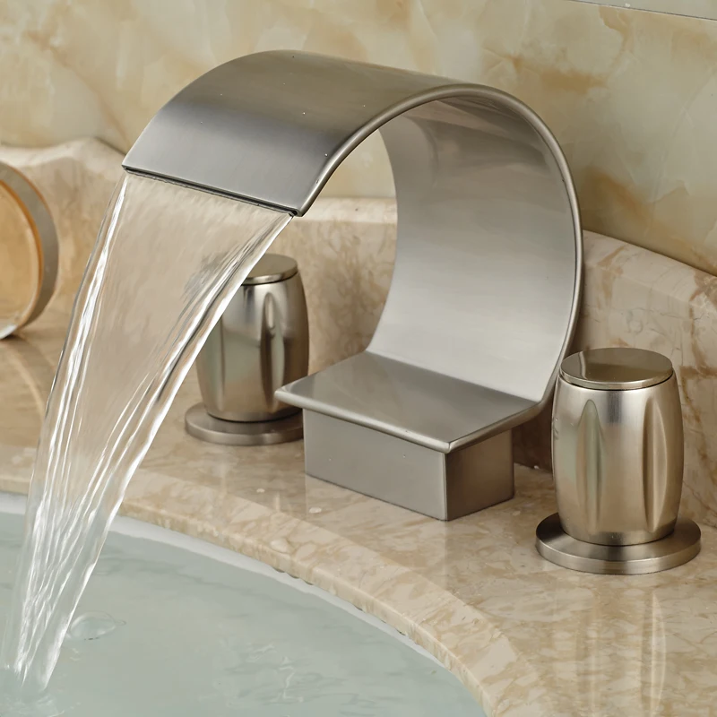 Brushed Nickel C Shape Waterfall Spout Basin Sink Faucet Double Handle Deck Mounted