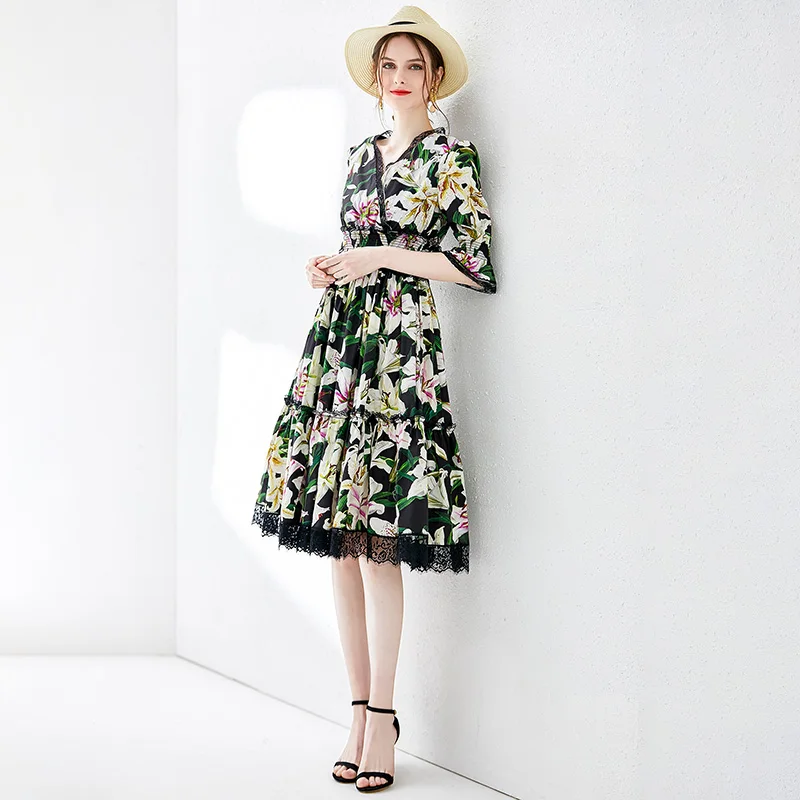 

moonaaliisaa 2019 Fashion Runway Summer Dress Women's Elegant Lily Print Cotton Dress Beach Stlye V-Neck dress Flare Sleeve