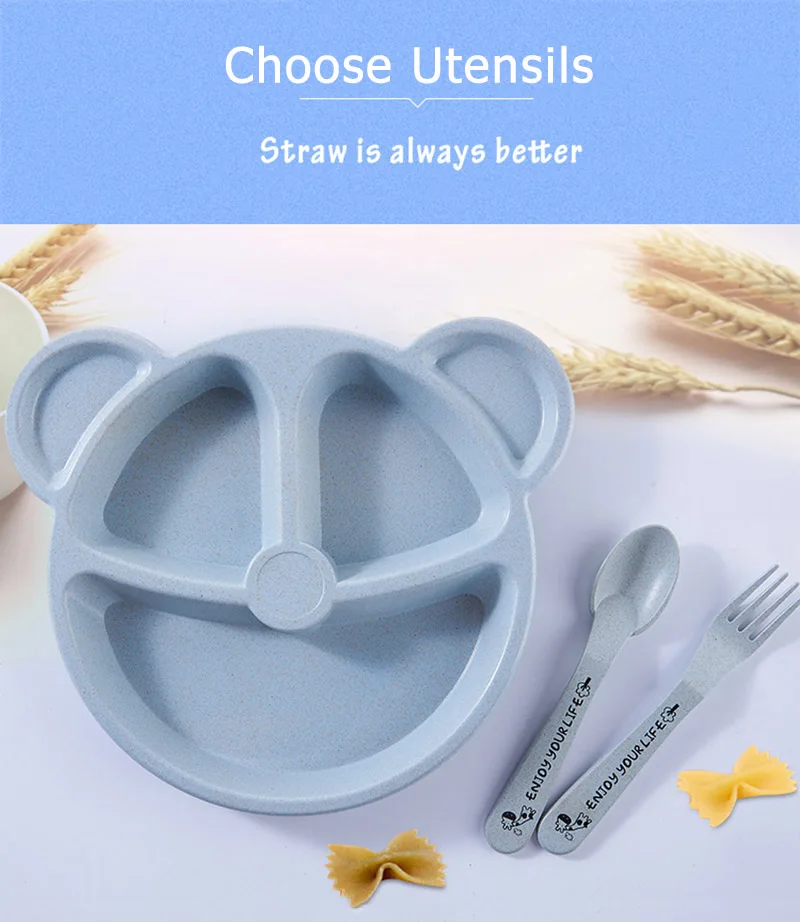 3Pcs Baby Bamboo Food Storage Tableware Kids Plate Spoon Fork Solid Dishes Newborn Children Eco-friendly Dinnerware Set BB5129 (12)