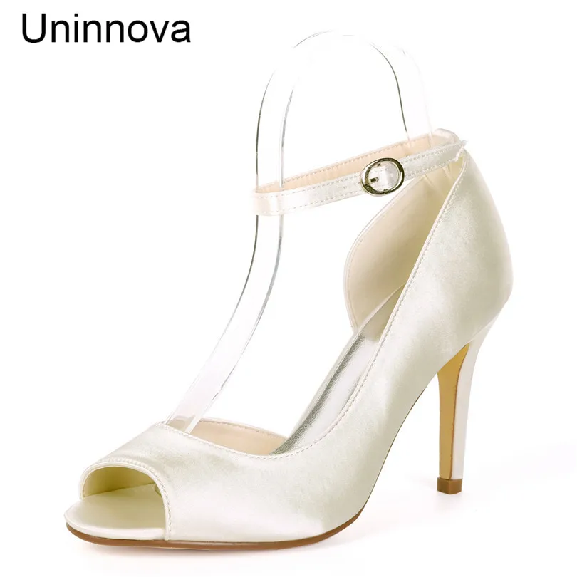 

Women Satin Ivory White Satin Bridal Bridesmaid Wedding Pumps Peep Toe Stilletos Elegant Ankle Wrap Shoes Uninnova Y5623-16B