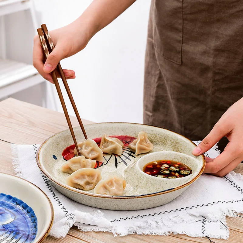 

Home Food Dinner Plates with Sauce Grid Japaness Style Ceramic Dumplings Tray Salad Steak Dishes Fish Pattern Snack Plate