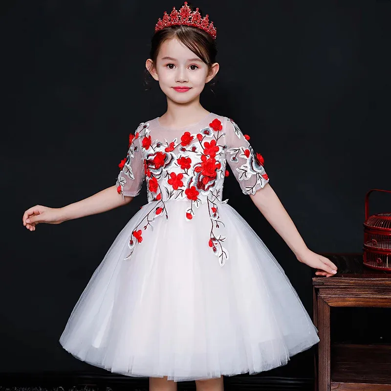 

2018Fashion Children Kids Toddler Appliques Flowers Birthday Wedding Party Prom Mesh Dress Toddler Girl Piano Host Pageant Dress