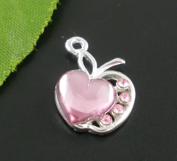 DoreenBeads Акрил + сплав Очаровательные Подвески яблоко розовый серебряный цвет 20 0 мм